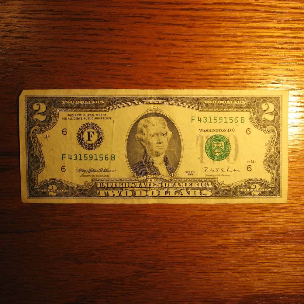 1995 2 DOLLAR FEDERAL RESERVE NOTE PRINTED IN ATLANTA